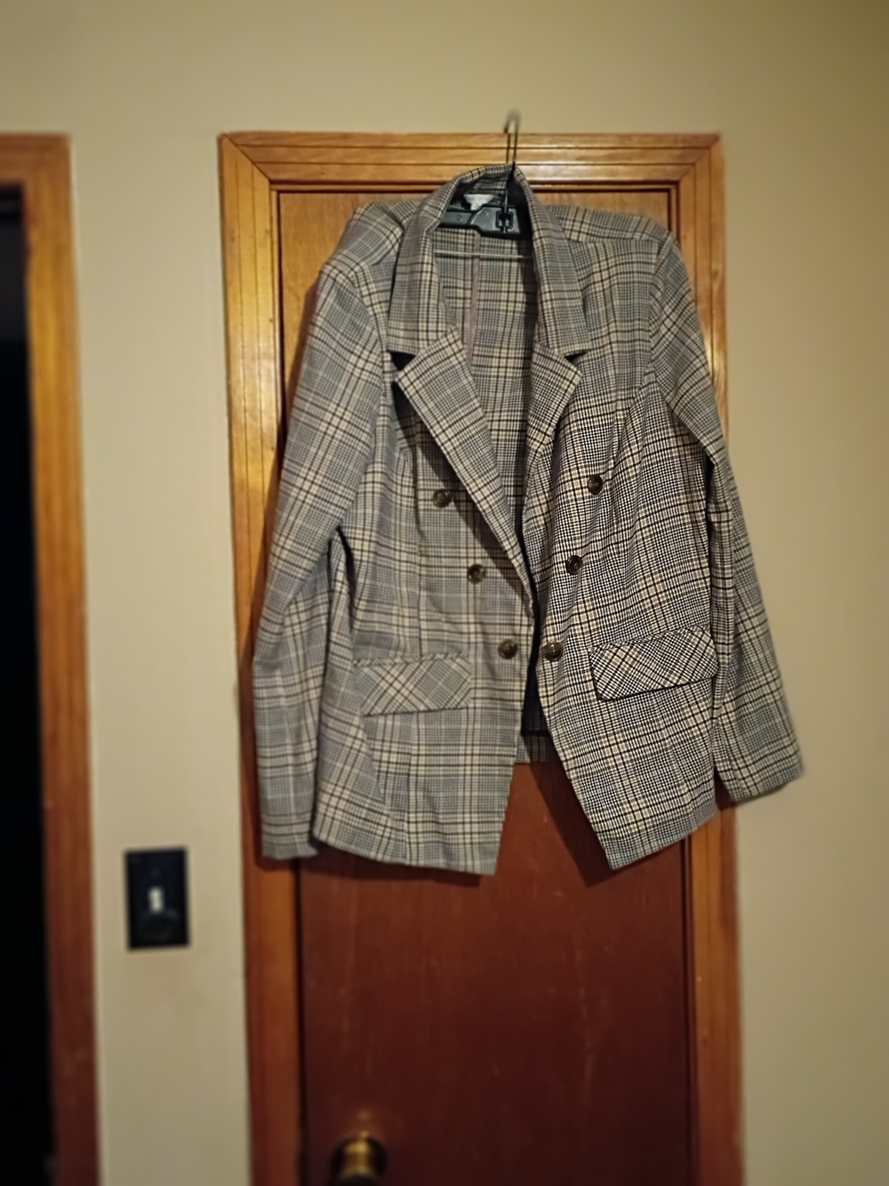Plaid Double-Breasted Blazer Jacket - Blue,Cream